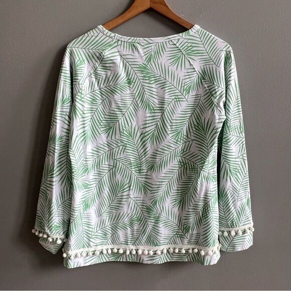 Duffield Lane Green Palm Leaf Print Women's Long Sleeve Crew Neck Top Pom Trim - Picture 4 of 7